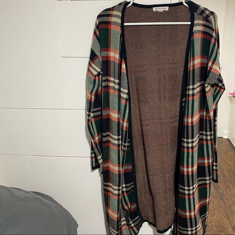 Long plaid open Sweater with pockets